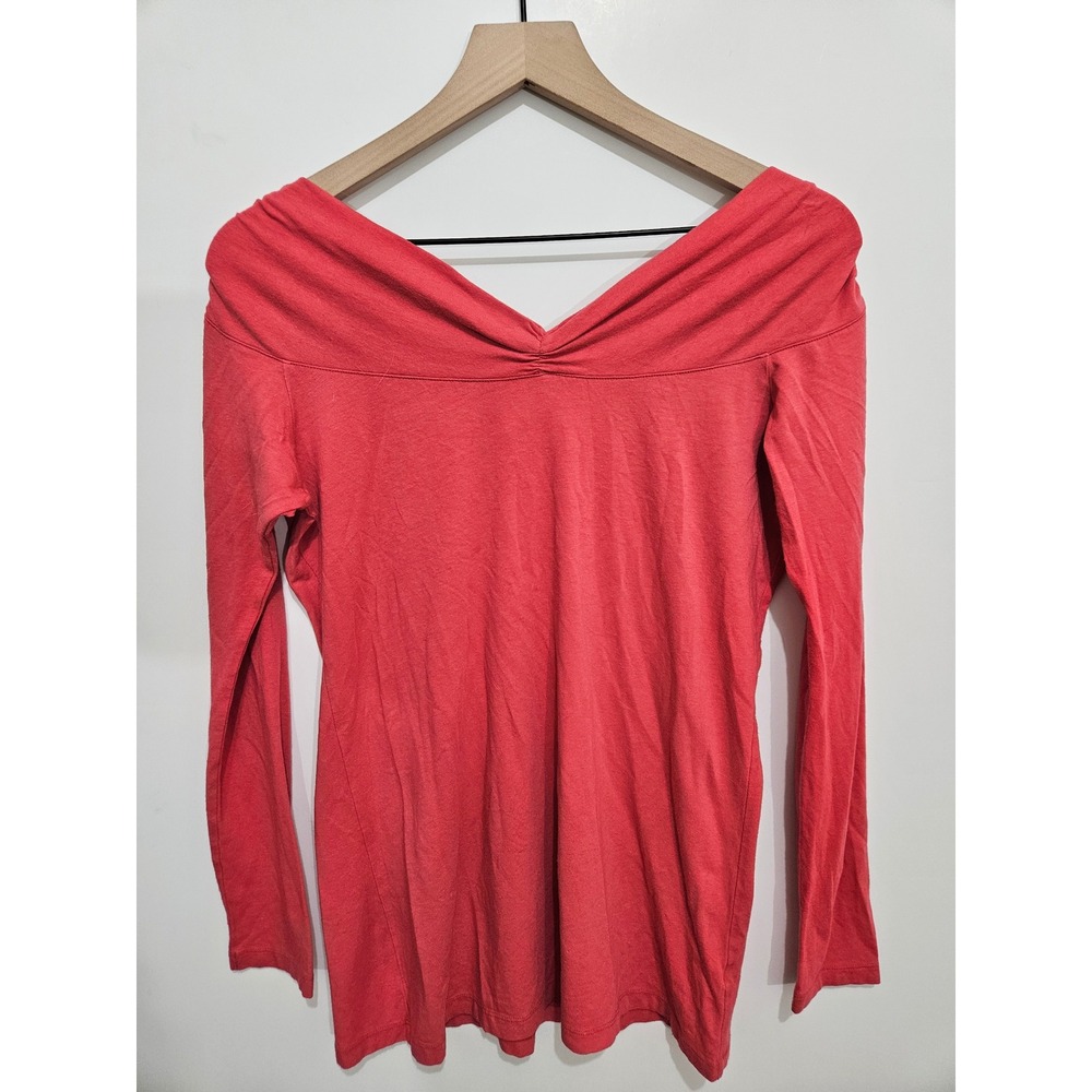 Soft Surroundings Coral Red Ruched V-Neck Long Sleeve Top Style 25614 Womens M
